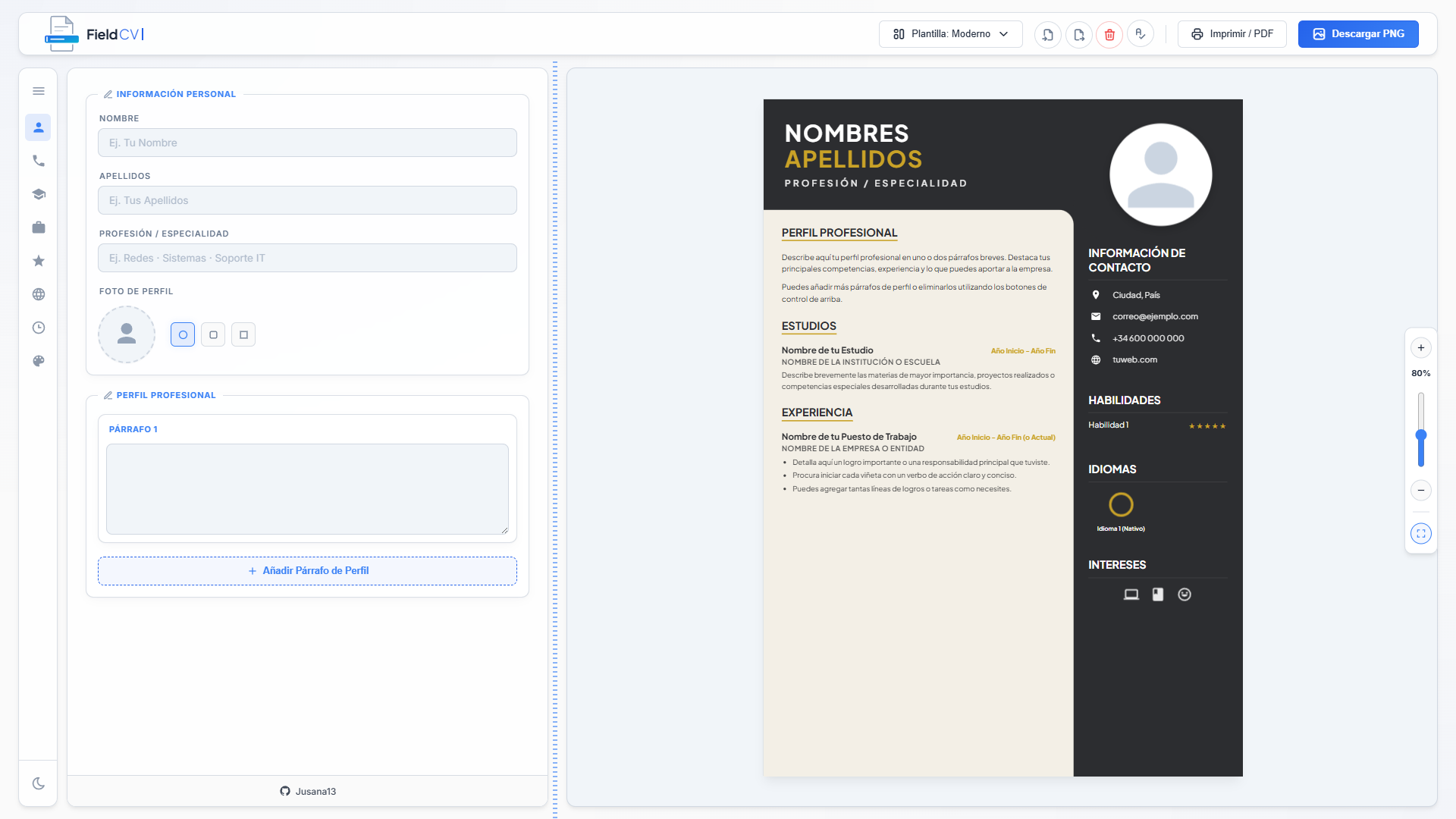 FieldCV: Sección de formación académica y botones de certificados