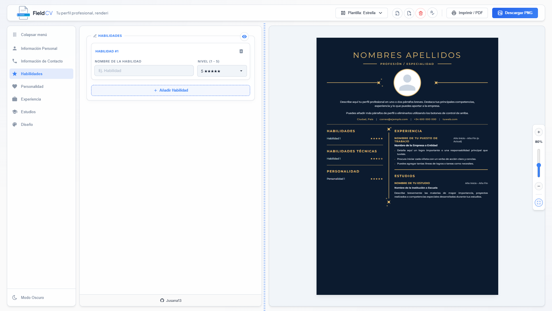 FieldCV: Configuración dinámica de habilidades técnicas e idiomas