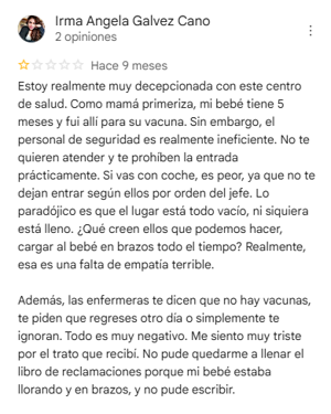 Comentario de Irma Ángela Gálvez Cano en Google Maps
